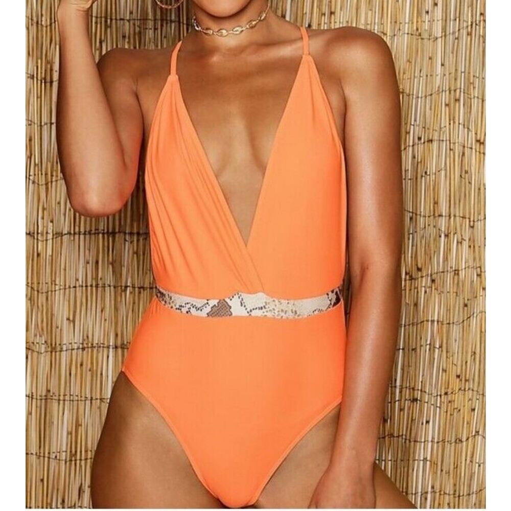 NWT Boohoo US Sz 6 Neon Orange Snake Belted Swimsuit Sexy Bright